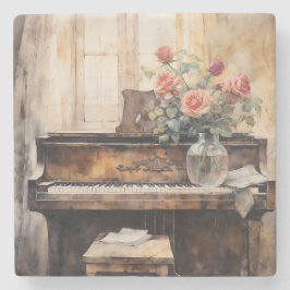 Watercolor Piano & Roses Vintage Stone Coaster Steinuntersetzer