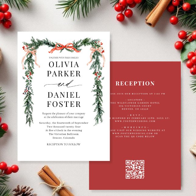 Watercolor Pine Bow Christmas QR Code Wedding Einladung (Von Creator hochgeladen)
