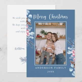 Watercolor Pine Branch Family Photo Blue Feiertagskarte
