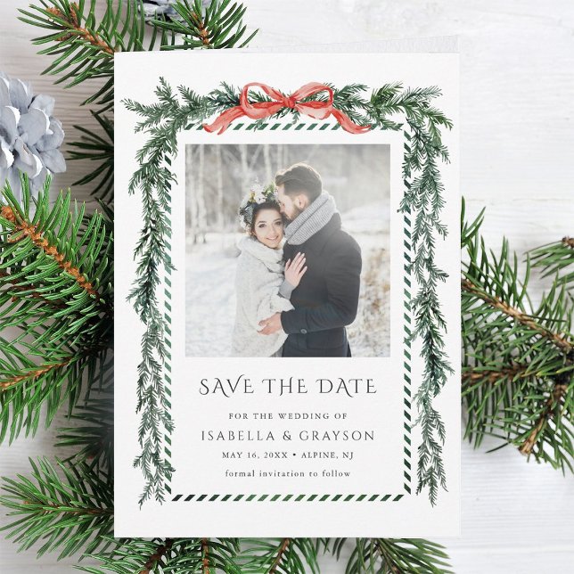 Watercolor Pine Garland Wedding Photo Save The Date (Von Creator hochgeladen)