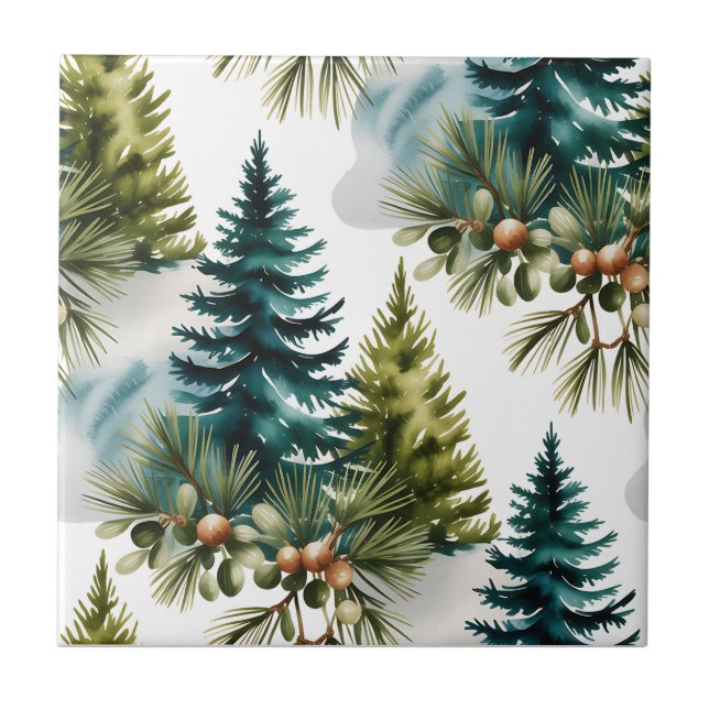 Watercolor Pine Muster Elegante Winter Fliese (Vorderseite)
