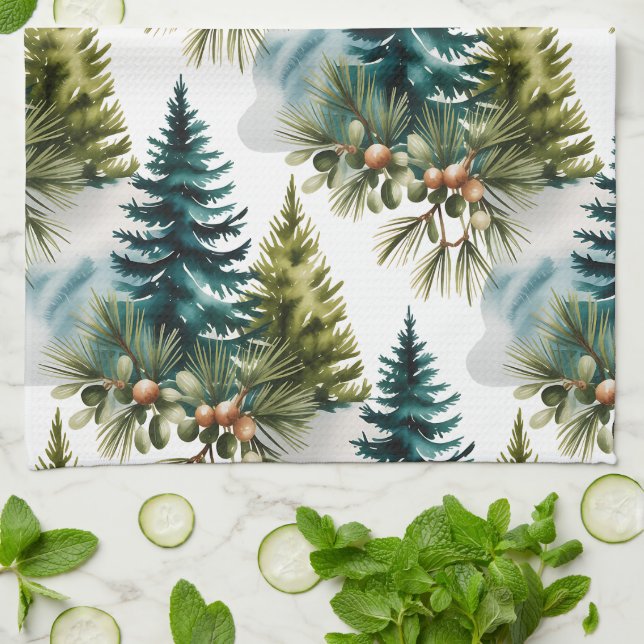 Watercolor Pine Muster Elegante Winter Geschirrtuch (Gefaltet)