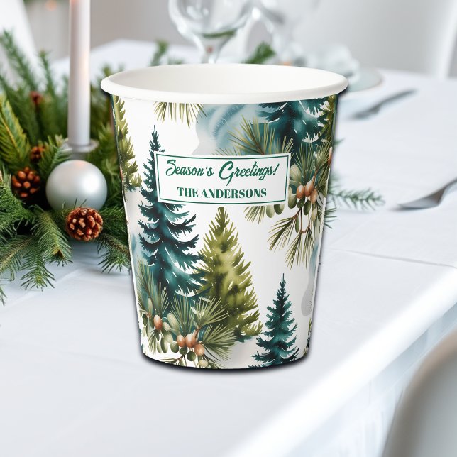 Watercolor Pine Muster Elegante Winter Pappbecher (Von Creator hochgeladen)