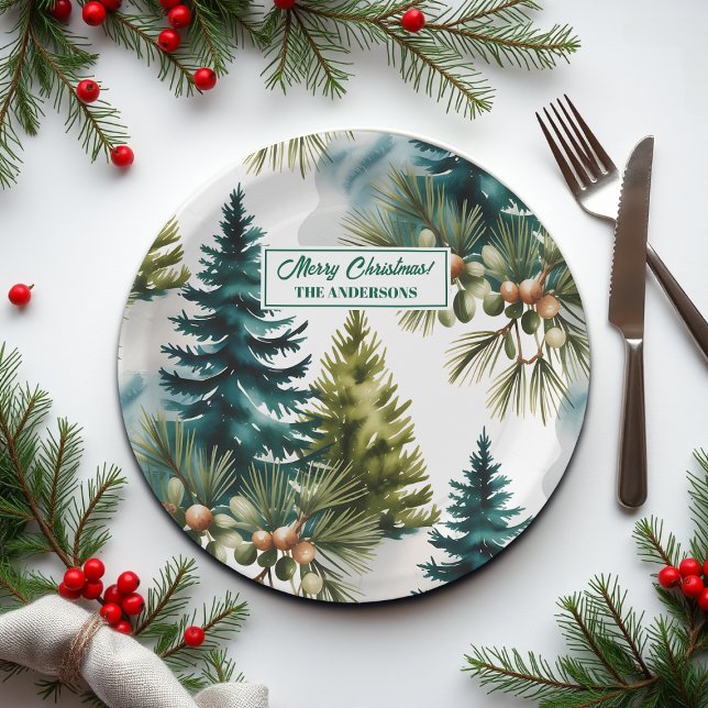 Watercolor Pine Muster Elegante Winter Pappteller (Von Creator hochgeladen)