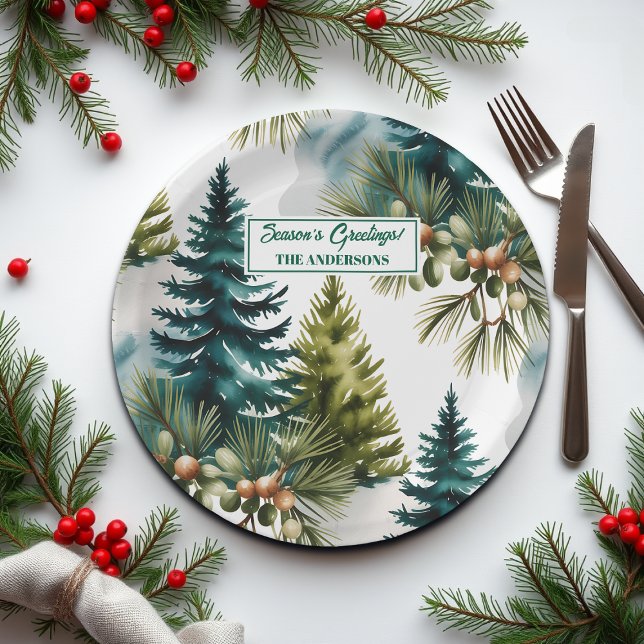 Watercolor Pine Muster Elegante Winter Pappteller (Von Creator hochgeladen)