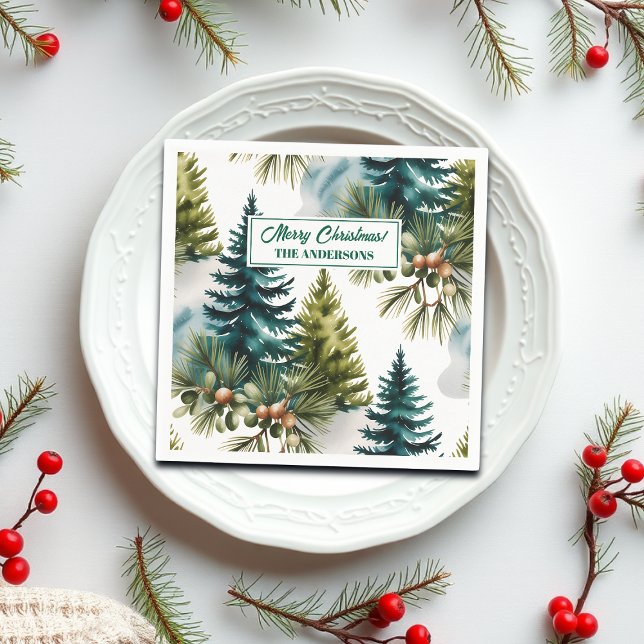 Watercolor Pine Muster Elegante Winter Serviette (Von Creator hochgeladen)