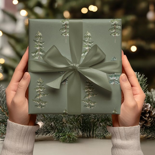 Watercolor Pine Tree Deep Sage Green Geschenkpapier (Von Creator hochgeladen)