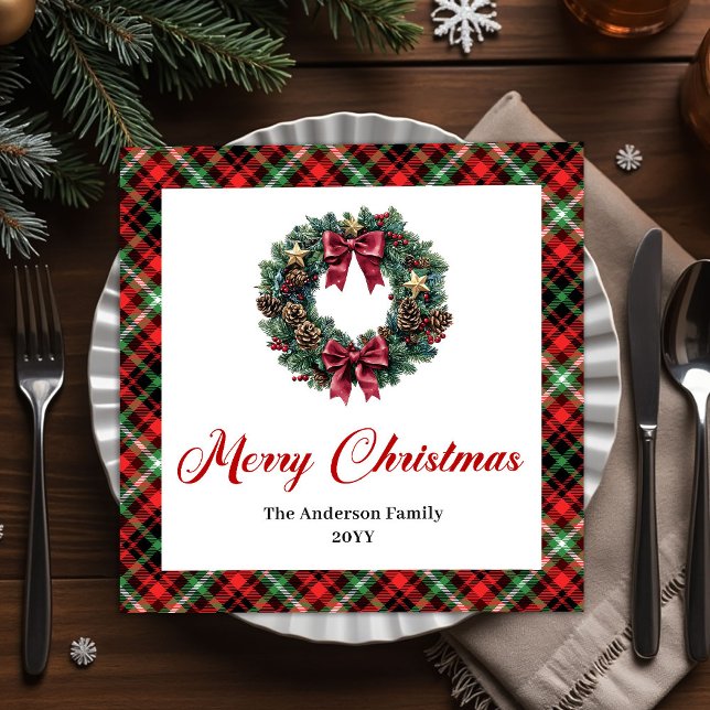 Watercolor Pine Wreath Christmas Napkin Design Serviette (Watercolor Pine Wreath Christmas Napkin Design)