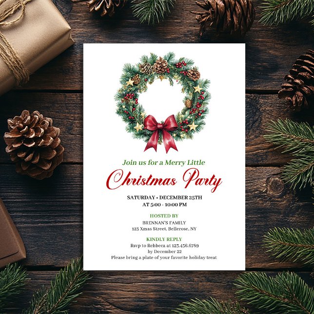 Watercolor Pine Wreath Christmas Party Card Einladung (Watercolor Pine Wreath Christmas Party Card)