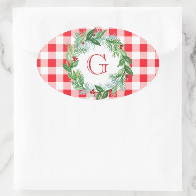 Watercolor Pine Wreath MONOGRAM Red Check  Ovaler Aufkleber (Tasche)