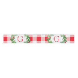 Watercolor Pine Wreath MONOGRAM Red Check Ripsband