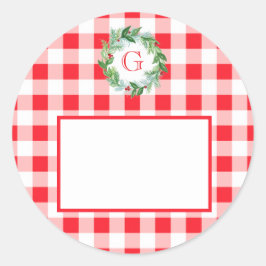 Watercolor Pine Wreath MONOGRAM Red Check Runder Aufkleber