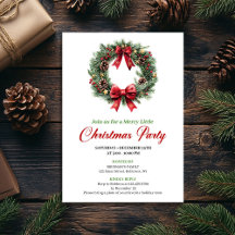 Watercolor Pine Wreath Red Green Party Invite