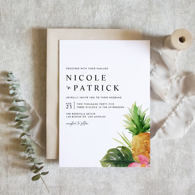 Watercolor Pineapple and Hibiscus Tropical Wedding Einladung (Customizable tropical wedding invitation featuring watercolor pineapple, greenery and flower.)
