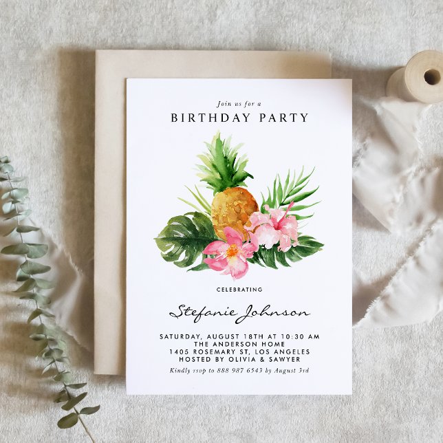 Watercolor Pineapple Hibiscus Tropical Birthday Einladung (Tropical birthday party invitation featuring watercolor pineapple, pink hibiscus and greenery. )