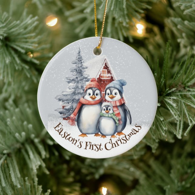 Watercolor Pinguins Family Baby's First Christmas Keramik Ornament (Baum)