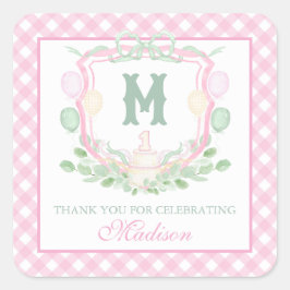 Watercolor Pink 1st Birthday Monogram Crest Gift Quadratischer Aufkleber