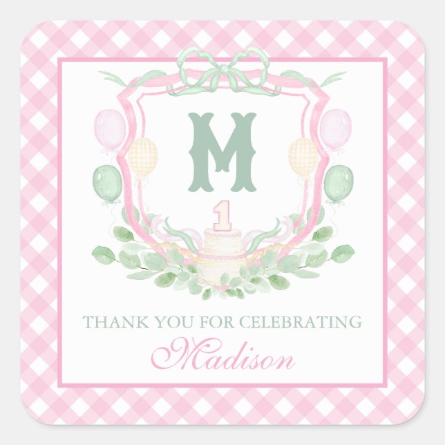 Watercolor Pink 1st Birthday Monogram Crest Gift Quadratischer Aufkleber (Vorderseite)