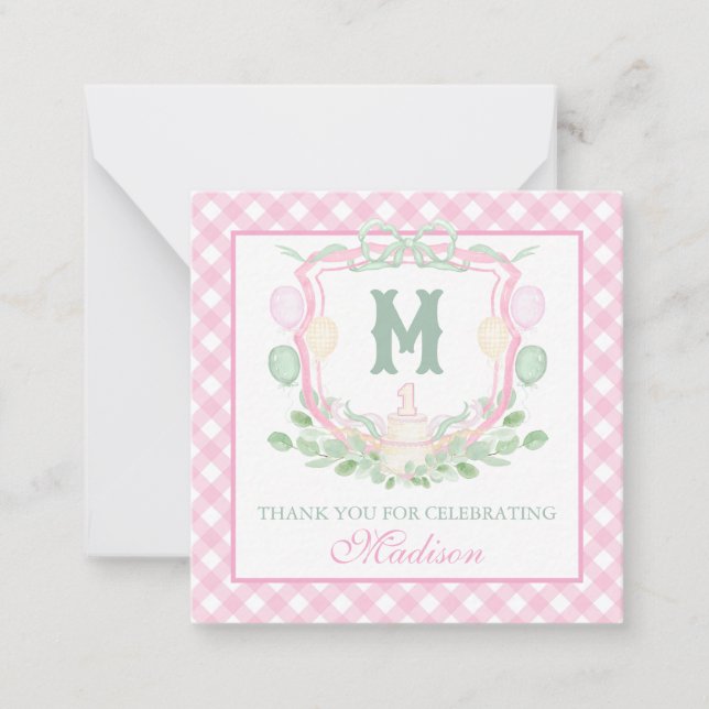 Watercolor Pink 1st Birthday Monogram Crest Party Mitteilungskarte (Vorderseite)