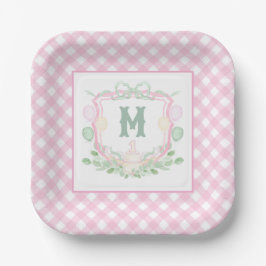 Watercolor Pink 1st Birthday Monogram Crest Party Pappteller