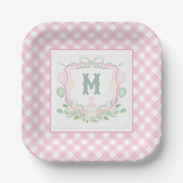 Watercolor Pink 1st Birthday Monogram Crest Party Pappteller (Vorderseite)