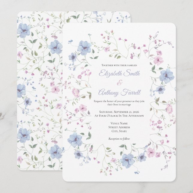 Watercolor Pink And Dusty Blue Botanical Wedding  Einladung (Vorne/Hinten)