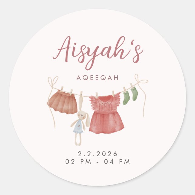 Watercolor Pink Baby Girl Aqeeqah Classic Runder Aufkleber (Vorderseite)