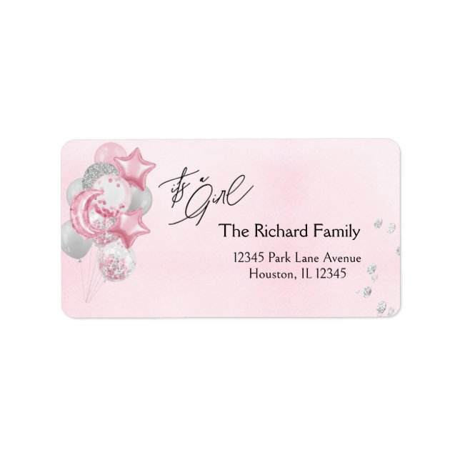 Watercolor Pink Balloons Its A Girl Baby Shower Adressaufkleber (Vorne)