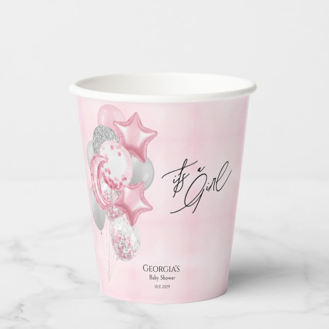 Watercolor Pink Balloons Its A Girl Baby Shower Pappbecher (Vorderseite)