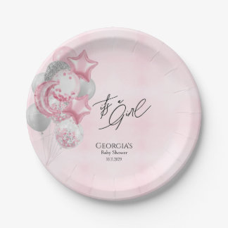 Watercolor Pink Balloons Its A Girl Baby Shower Pappteller