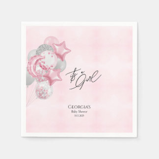 Watercolor Pink Balloons Its A Girl Baby Shower Serviette