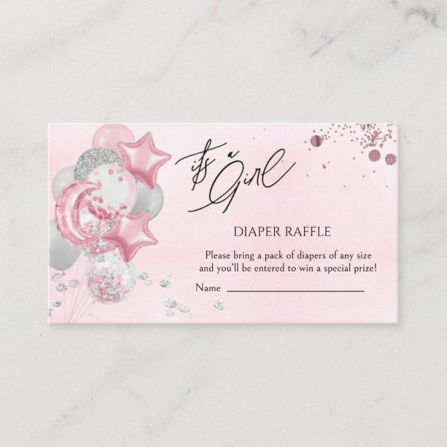 Watercolor Pink Balloons Its A Girl Diaper Raffle Begleitkarte (Vorderseite)