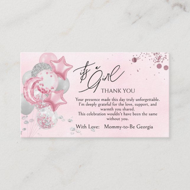Watercolor Pink Balloons Its A Girl Thank You Begleitkarte (Vorderseite)