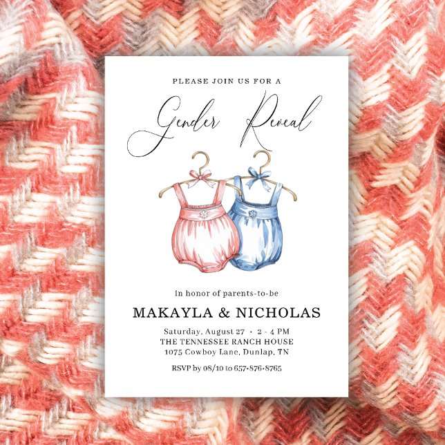 Watercolor pink blauen Baby Clothes Gender-Darstel Einladung (Von Creator hochgeladen)