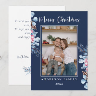 Watercolor Pink Blue Pine Branch Family Photo Feiertagskarte