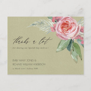 WATERCOLOR PINK BLUME GREEN FOLIAGE DANKE POSTKARTE