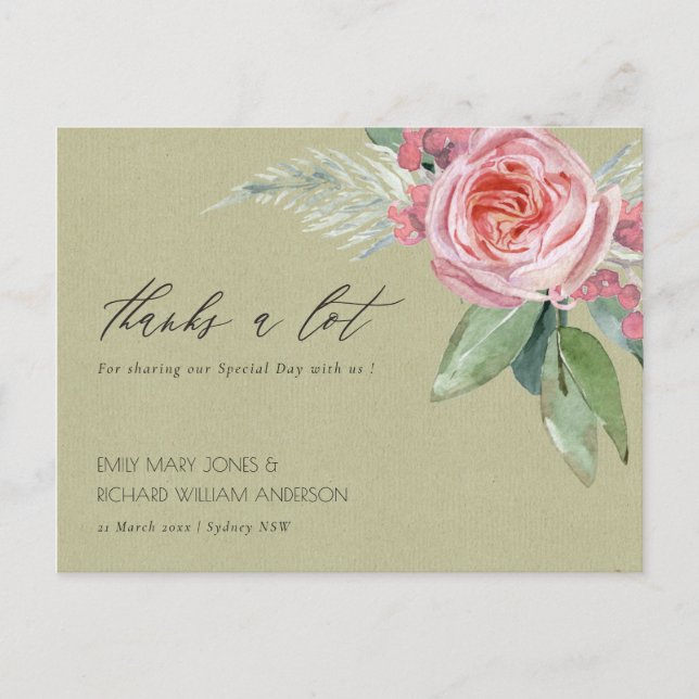 WATERCOLOR PINK BLUME GREEN FOLIAGE DANKE POSTKARTE (Vorderseite)