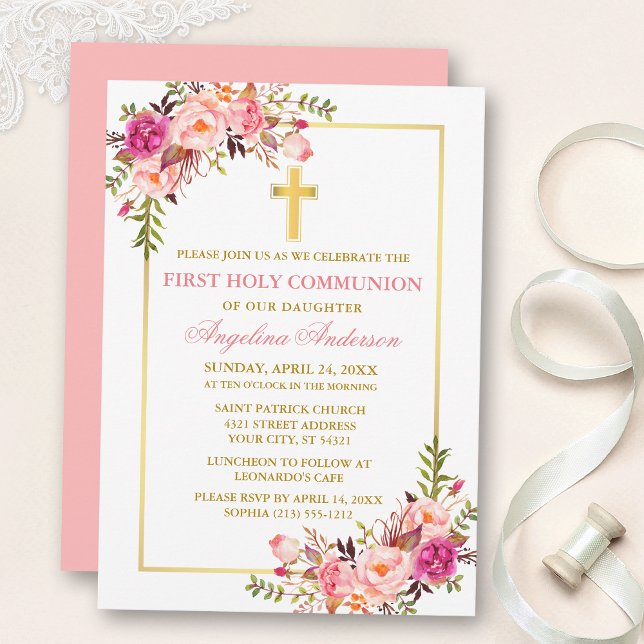 Watercolor Pink Blush Floral Communion Gold Einladung (Customize to change text color, size, style or to change color of back of card.)