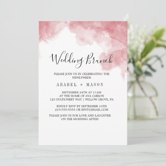 Watercolor Pink Blush & Gold Hochzeitsbrunch Einladung (Stehend Vorderseite)