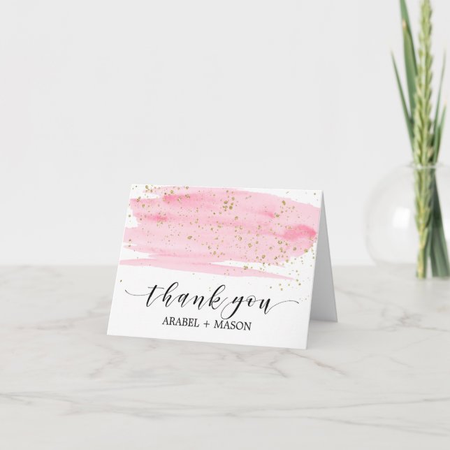 Watercolor Pink Blush Gold Sparkle Thank You Card Dankeskarte (Vorderseite)