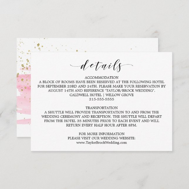Watercolor Pink Blush & Gold Wedding Details Card Begleitkarte (Vorne/Hinten)