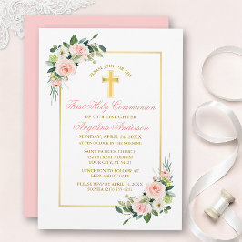 Watercolor Pink Blush White Floral Gold Communion Einladung