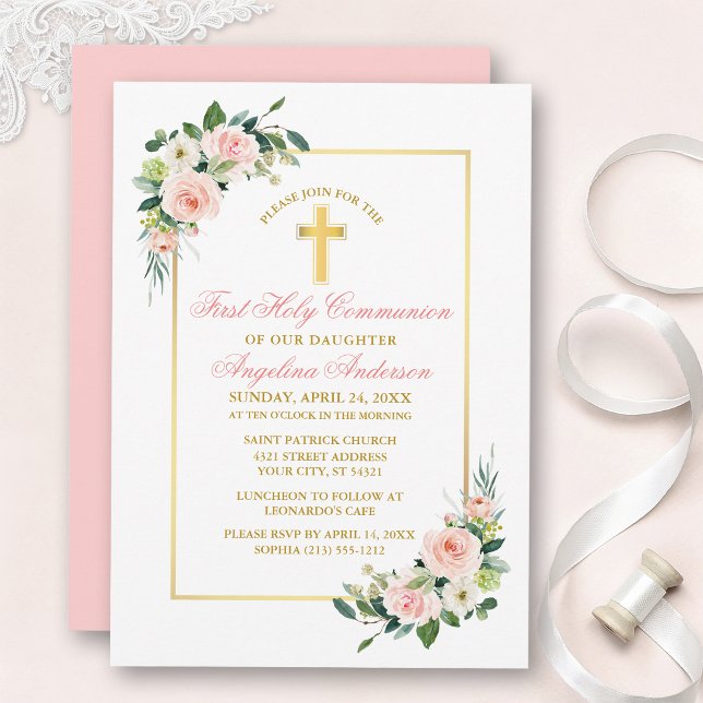 Watercolor Pink Blush White Floral Gold Communion Einladung (Customize to change text color, style, add text & photos to back or change color of back of card.)