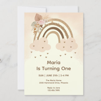 Watercolor Pink Boho Rainbow Erster Geburtstag Einladung