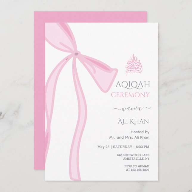 Watercolor Pink Bow Baby Girl Aqiqah Einladung (Vorne/Hinten)