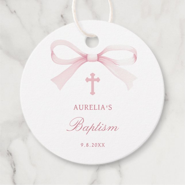 Watercolor Pink Bow Baptism Geschenkanhänger (Vorderseite)