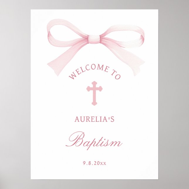 Watercolor Pink Bow Baptism Welcome Poster (Vorne)