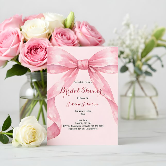 Watercolor Pink Bow Bridal Shower Einladung (Von Creator hochgeladen)
