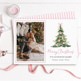 Watercolor Pink Bow Christmas Tree Photo Feiertagskarte