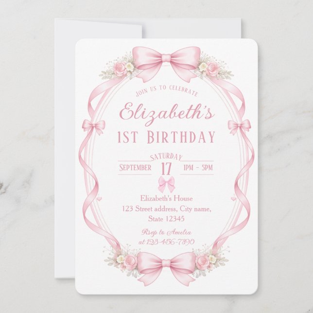 Watercolor Pink Bow First Birthday Invitation Einladung (Vorderseite)
